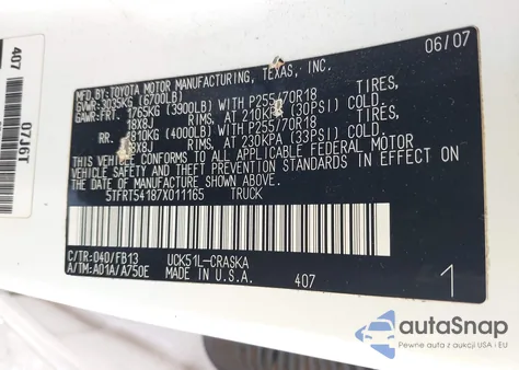 2007 Toyota Tundra Sr5 4.7L V8 z USA, uszkodzony, nr VIN 5TFRT54187X011165
